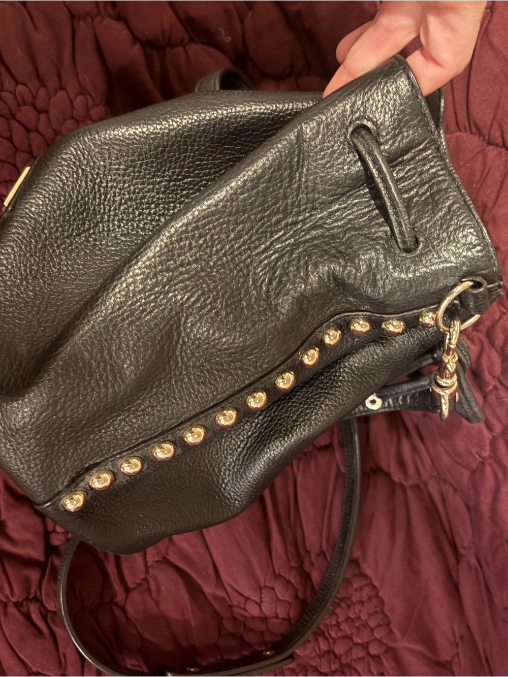 Rebecca Minkoff Black Leather Drawstring Bucket Bag with Gold Stud Detail - Picture 3 of 5